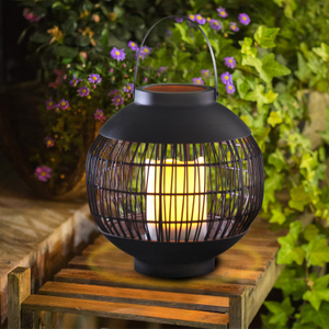 Solar Outdoor Powered Rattan Lantern Ball Shaped (Small Size) with LED Candle Holder in Nature Color 
